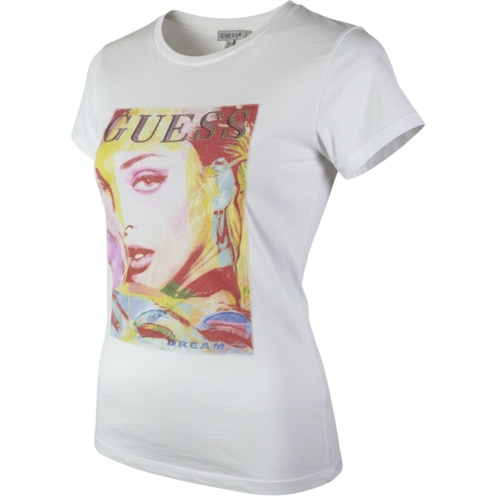 Guess T-Shirt Womens Large White Graphic Rhinestone Organic Cotton Tee